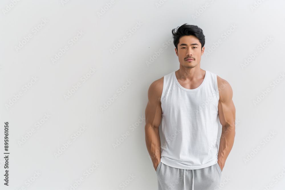 Casual Asian fitness model in a white tank top and grey sweatpants, standing against a muted background with hands in pockets.