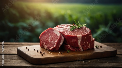raw beef meat on wooden table photo for ad marketing business background