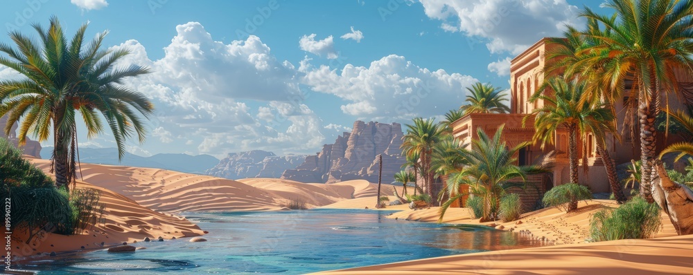 Obraz premium Arabian Nights Desert Oasis, 4K hyperrealistic photo