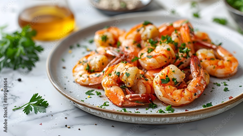Cooked shrimp on a white ceramic plate, fresh parsley garnish, white marble tabletop, top view, food photography, natural light, vibrant colors, gourmet presentation. Cooked shrimp on a white ceramic plate, fresh parsley garnish, white marble tabletop, top view, food photography, natural light, vibrant colors, gourmet presentation.