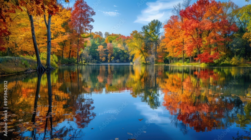 A scenic view of a tranquil lake surrounded by trees displaying their vibrant fall colors, with the rich hues of the leaves mirrored in the calm water A scenic view of a tranquil lake surrounded by trees displaying their vibrant fall colors, with the rich hues of the leaves mirrored in the calm water