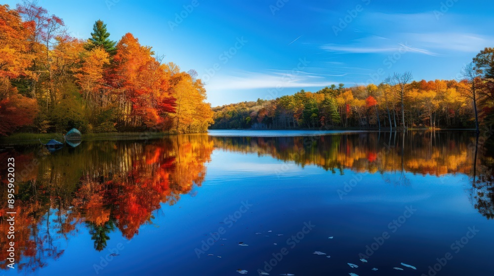A scenic view of a tranquil lake surrounded by trees displaying their vibrant fall colors, with the rich hues of the leaves mirrored in the calm water A scenic view of a tranquil lake surrounded by trees displaying their vibrant fall colors, with the rich hues of the leaves mirrored in the calm water