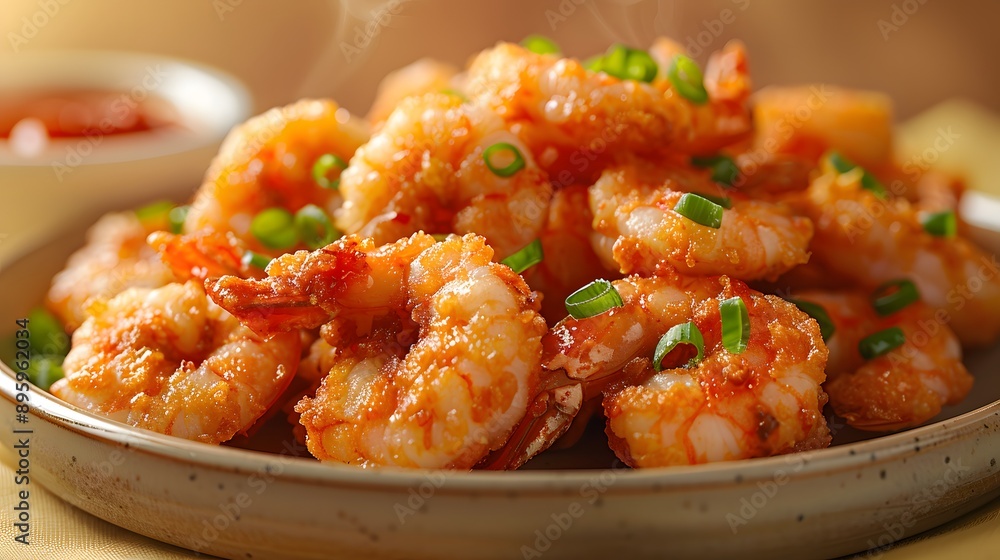 Crispy tempura shrimp, golden batter texture, scattered green onions, gradient pale yellow background, small bowl of vibrant red tomato sauce, food photography, macro details. Crispy tempura shrimp, golden batter texture, scattered green onions, gradient pale yellow background, small bowl of vibrant red tomato sauce, food photography, macro details.