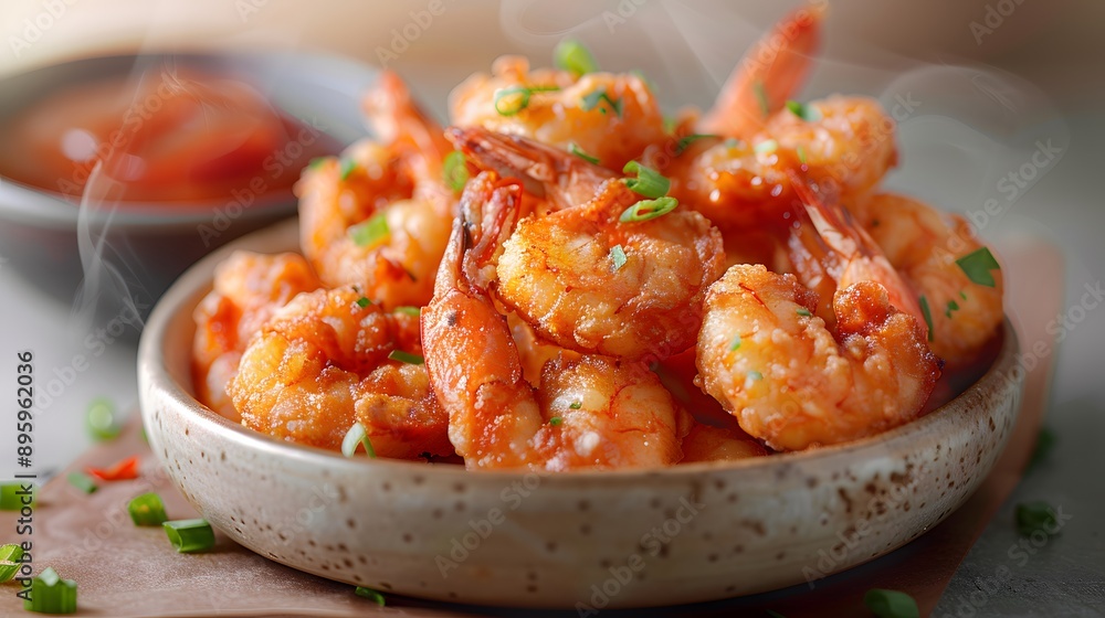 Crispy tempura shrimp, golden batter texture, scattered green onions, gradient pale yellow background, small bowl of vibrant red tomato sauce, food photography, macro details. Crispy tempura shrimp, golden batter texture, scattered green onions, gradient pale yellow background, small bowl of vibrant red tomato sauce, food photography, macro details.