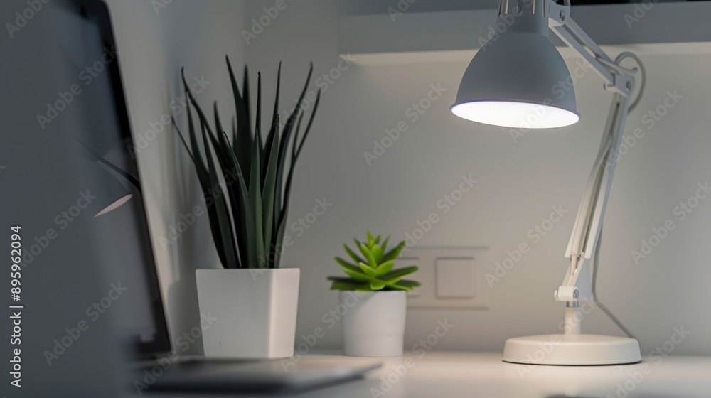 Minimalist Modern Office Workspace with Desk Lamp and Plant. Generative ai. Minimalist Modern Office Workspace with Desk Lamp and Plant. Generative ai.