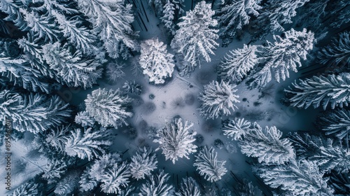 Aerial view of snow-covered pine forest providing a stunning winter landscape for creative projects