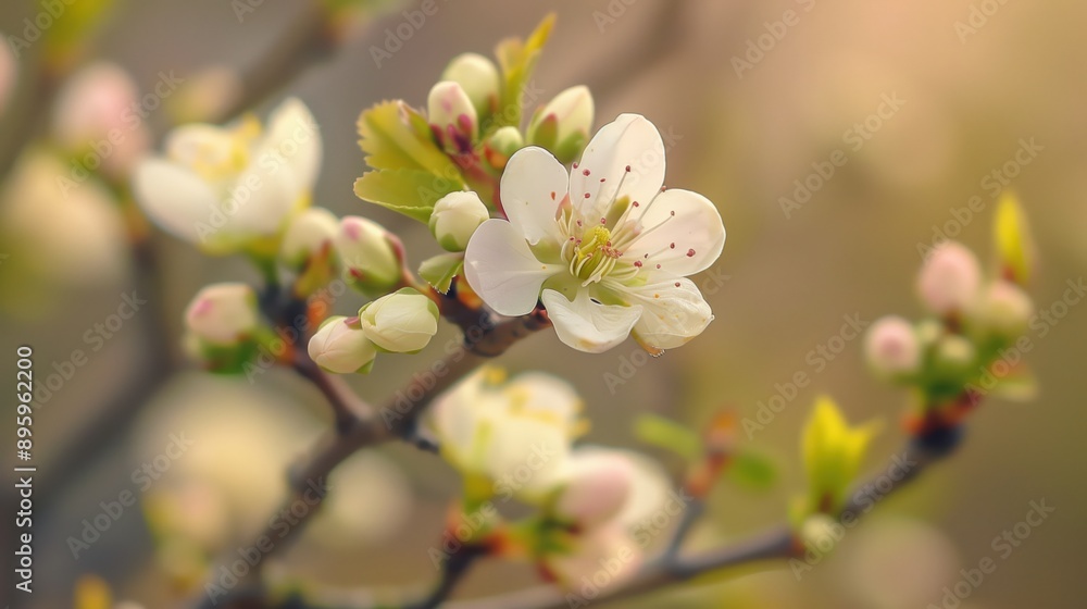 Close-up of delicate white flowers on peach branches with green leaves and pink buds in spring. Essence of renewal and natural beauty, ,vibrant colors and intricate details. Blossoming peach trees. Close-up of delicate white flowers on peach branches with green leaves and pink buds in spring. Essence of renewal and natural beauty, ,vibrant colors and intricate details. Blossoming peach trees.