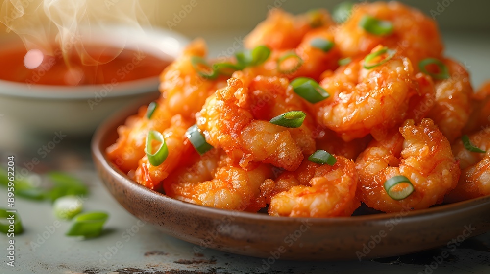 Crispy tempura shrimp, golden batter texture, scattered green onions, gradient pale yellow background, small bowl of vibrant red tomato sauce, food photography, macro details. Crispy tempura shrimp, golden batter texture, scattered green onions, gradient pale yellow background, small bowl of vibrant red tomato sauce, food photography, macro details.