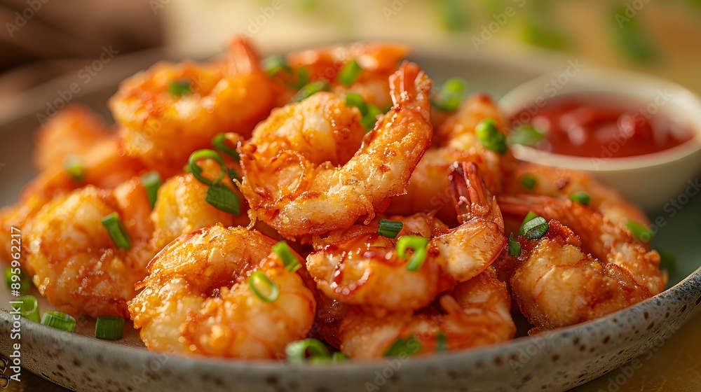 Crispy tempura shrimp, golden batter texture, scattered green onions, gradient pale yellow background, small bowl of vibrant red tomato sauce, food photography, macro details. Crispy tempura shrimp, golden batter texture, scattered green onions, gradient pale yellow background, small bowl of vibrant red tomato sauce, food photography, macro details.