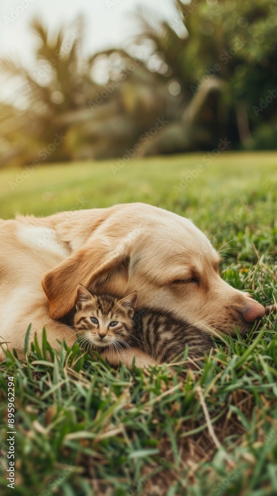 A yellow Labrador Retriever puppy sits in tall green grass with a tabby kitten sitting opposite it A yellow Labrador Retriever puppy sits in tall green grass with a tabby kitten sitting opposite it