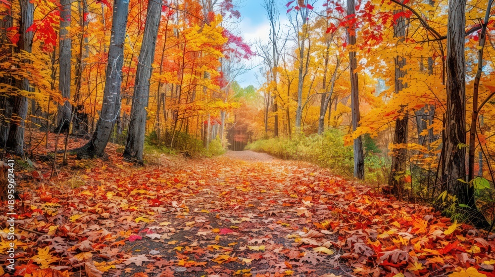 Obraz premium A serene autumn scene with a trail covered in fallen leaves, leading through a forest of trees displaying a brilliant array of fall colors under a bright sky