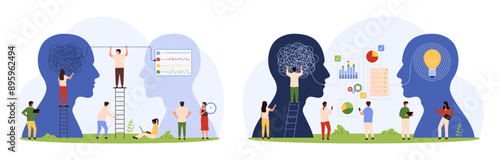 Control of disorganized chaos in mind, psychotherapy set. Tiny people unravel messy knots of wire and confusion inside human head, categorize and change thinking to order cartoon vector illustration