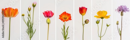 Wallpaper Mural Variety of vibrant wildflowers, including daisies and tulips, elegantly arranged in a row against a pristine white background. Nature's diverse beauty, colors, and forms in a clean, minimalist. Torontodigital.ca