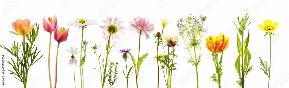 Variety of vibrant wildflowers, including daisies and tulips, elegantly arranged in a row against a pristine white background. Nature's diverse beauty, colors, and forms in a clean, minimalist. Variety of vibrant wildflowers, including daisies and tulips, elegantly arranged in a row against a pristine white background. Nature's diverse beauty, colors, and forms in a clean, minimalist.