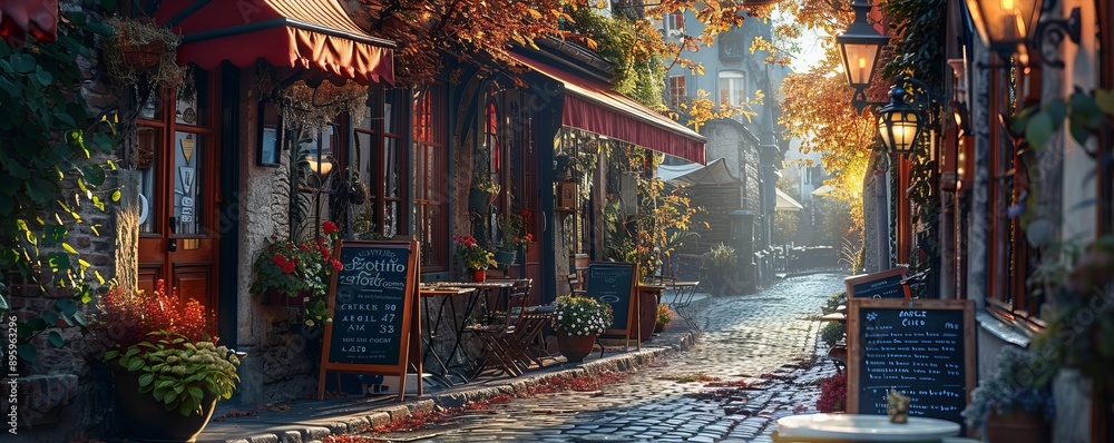 Charming café nestled on a cobblestone street, 4K hyperrealistic photo Charming café nestled on a cobblestone street, 4K hyperrealistic photo