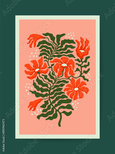Vibrant abstract vector art with bold orange flowers and green leaves