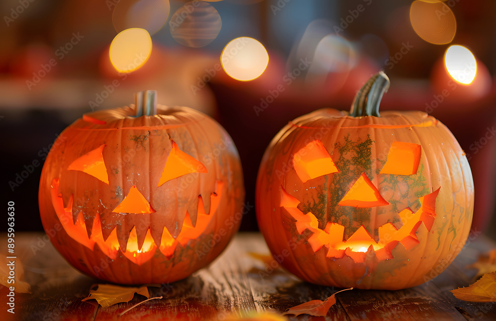 Fototapeta premium close up of carved halloween pumpkins on table