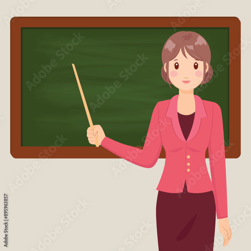 teacher holding a pointer in front of a blackboard