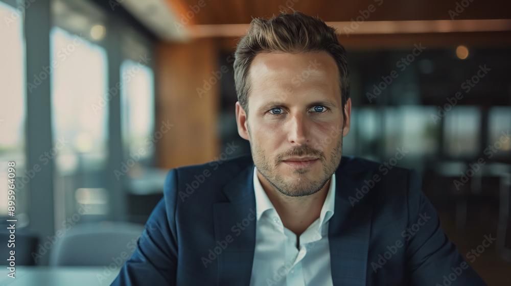 Naklejka premium Confident Caucasian Businessman in Conference Room: A Caucasian businessman looking confidently at the camera in a conference room setting.