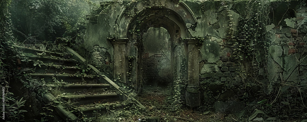 An ancient ruin overgrown with vines and moss, with crumbling walls and faded frescoes. An ancient ruin overgrown with vines and moss, with crumbling walls and faded frescoes.
