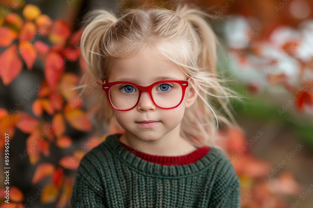 Little girl with red glasses and a green sweater in an autumn setting. Little girl with red glasses and a green sweater in an autumn setting.