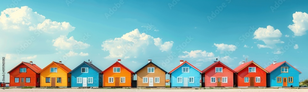 Brightly colored houses line a street in a row, Real estate Brightly colored houses line a street in a row, Real estate