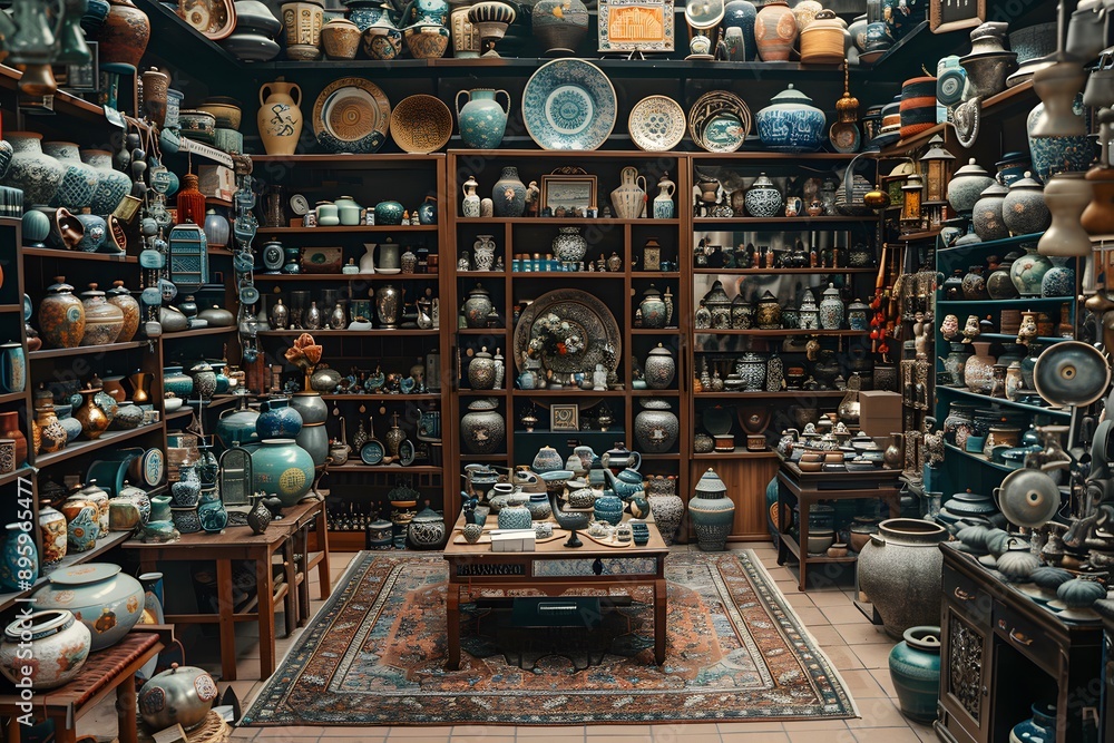 A Treasure Trove of Pottery: An Intricate Display of Colorful Vessels and Artifacts A Treasure Trove of Pottery: An Intricate Display of Colorful Vessels and Artifacts