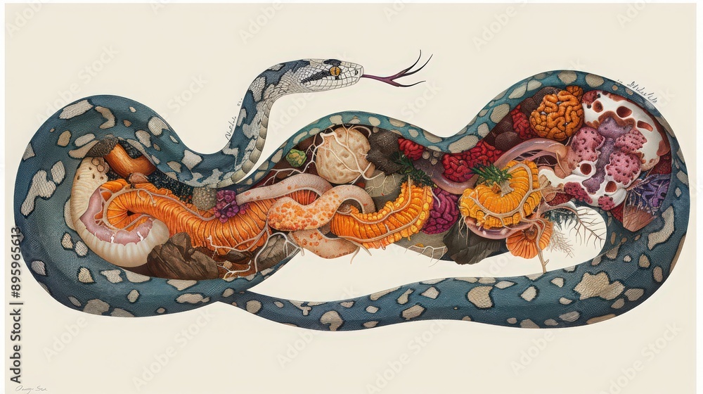 Diagram of a snake's digestive system, illustrating the organs involved ...