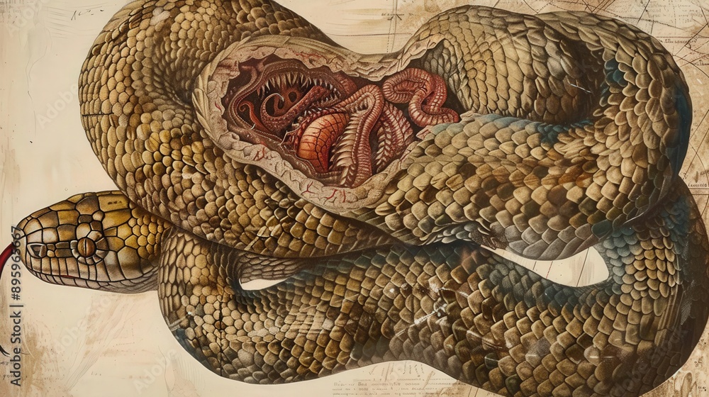 Diagram of a snake's digestive system, illustrating the organs involved ...