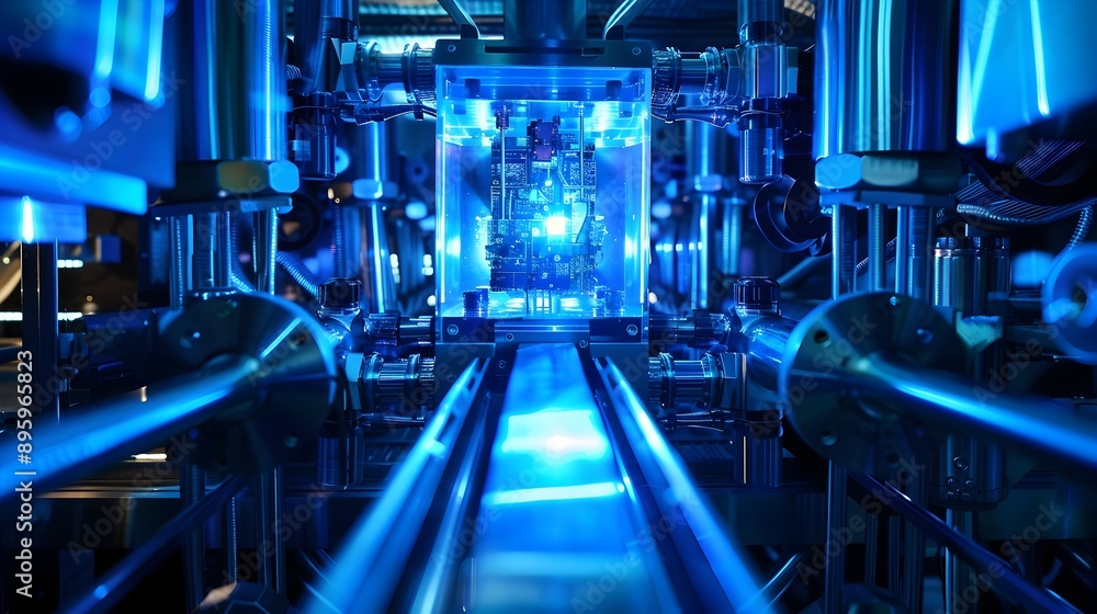 Futuristic Quantum Computer with Complex Architecture and Cool Blue Lighting Futuristic Quantum Computer with Complex Architecture and Cool Blue Lighting