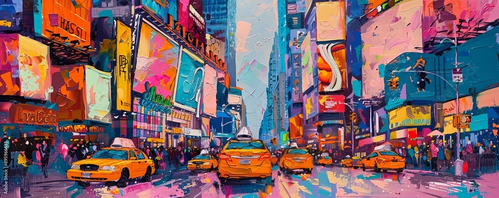 A vibrant acrylic painting of a bustling city street scene. A vibrant acrylic painting of a bustling city street scene.