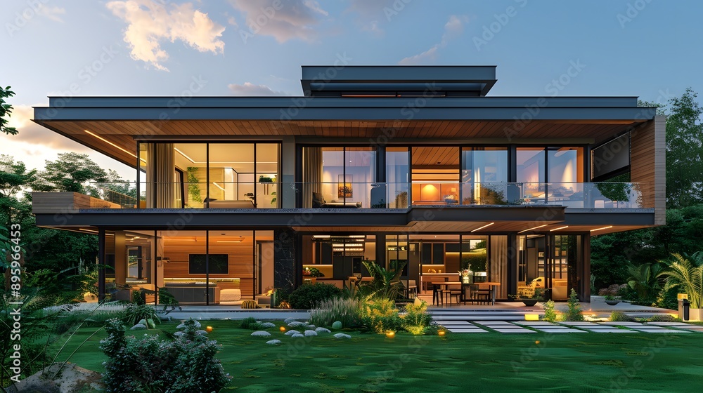 Fototapeta premium Modern luxury villa, contemporary architecture, floor-to-ceiling windows, wooden exterior, flat roof design, expansive lawn, ornamental grasses, vibrant blue sky, fluffy white clouds.