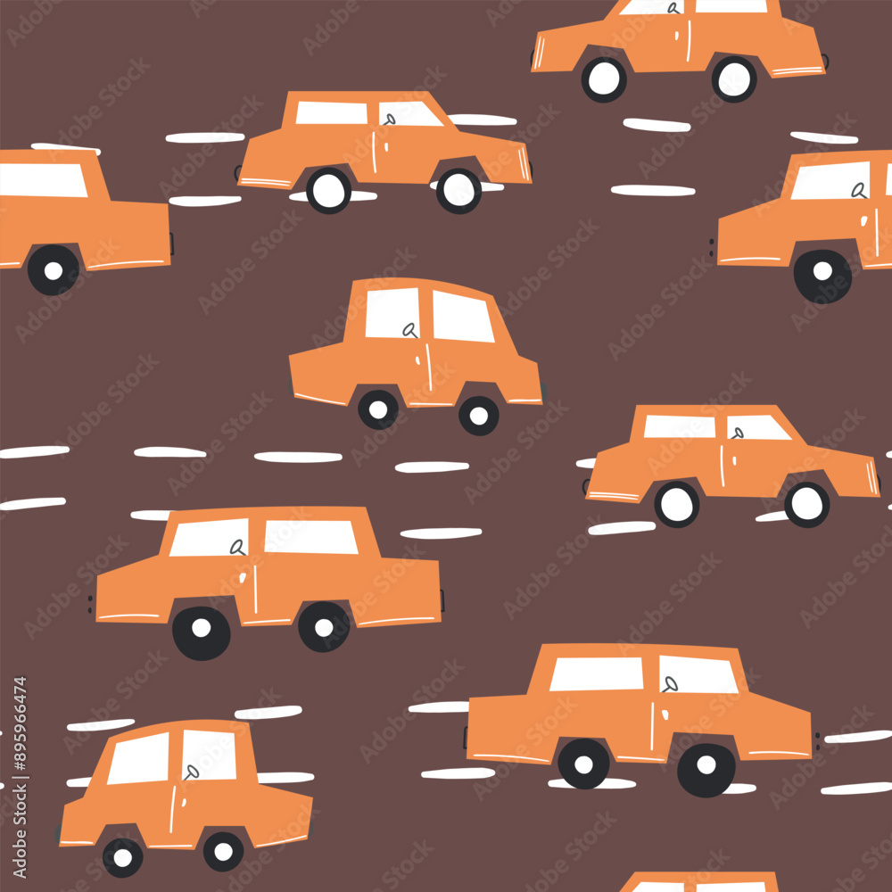Seamless pattern with cute car on color background. Cartoot transport. Vector illustration. Doodle style. Design for baby print, invitation, poster, card, fabric, textile Seamless pattern with cute car on color background. Cartoot transport. Vector illustration. Doodle style. Design for baby print, invitation, poster, card, fabric, textile