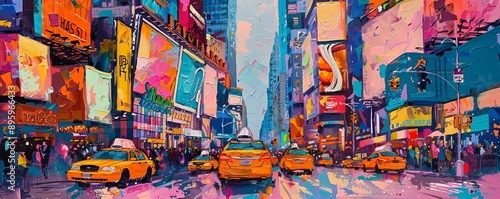 A vibrant acrylic painting of a bustling city street scene. © Coosh448