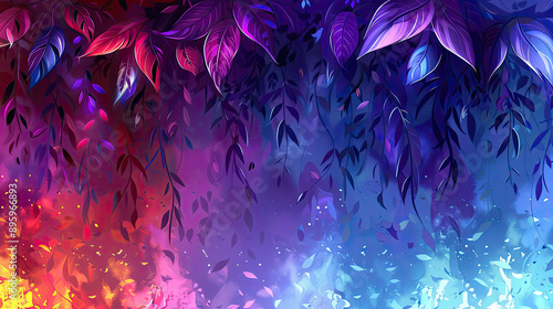 Fototapeta Naklejka Na Ścianę i Meble -  Elegant colorful with vibrant flower hanging branches illustration background. Bright color 3d abstraction wallpaper for interior mural, Generated by AI	