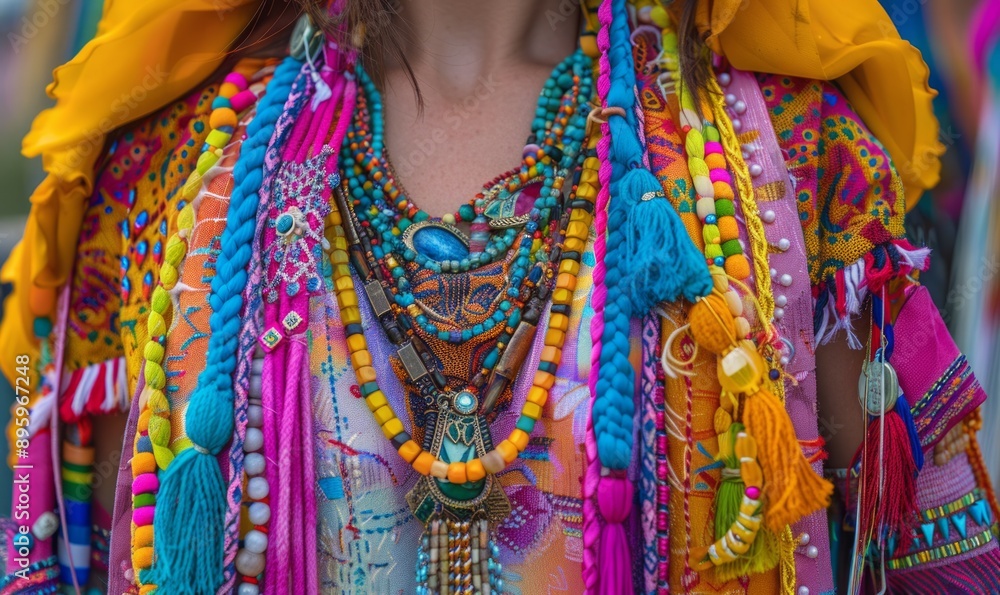 A colorful festival outfit with layers of fringe and beaded jewelry, capturing the celebratory spirit and cultural richness of global festivals A colorful festival outfit with layers of fringe and beaded jewelry, capturing the celebratory spirit and cultural richness of global festivals