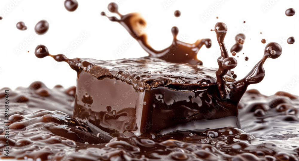 A square of chocolate melting and splashing, isolated on a white background with full depth of field. A square of chocolate melting and splashing, isolated on a white background with full depth of field.