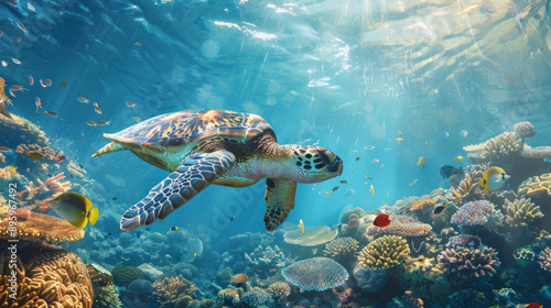 A beautiful sea turtle swimming in the ocean, surrounded by colorful coral reefs and tropical fish with clear blue water and sunlight creating shadows on the underwater scene.