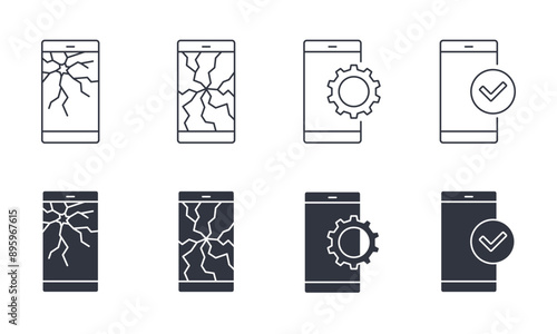 Vector icons broken smartphone. Cracks in the display of the device, replacement of phone glass. Editable stroke thin line and black solid set on white background.