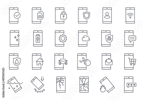 Vector icons smartphone protection. Device display, broken fallen in water, charging phone. Sim card replacement and memory, secure account access. Cloud storage, shopping. Editable stroke line set.