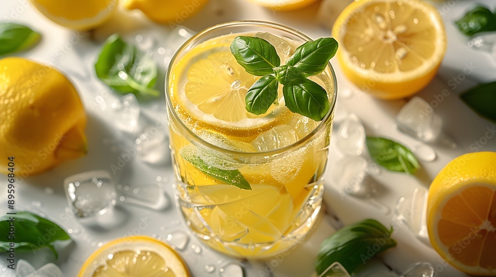 Refreshing lemonade in a glass, ice cubes, lemon slices, fresh basil leaves, scattered on white marble countertop, top view, vibrant colors, high contrast, soft natural light, food photography. Refreshing lemonade in a glass, ice cubes, lemon slices, fresh basil leaves, scattered on white marble countertop, top view, vibrant colors, high contrast, soft natural light, food photography.