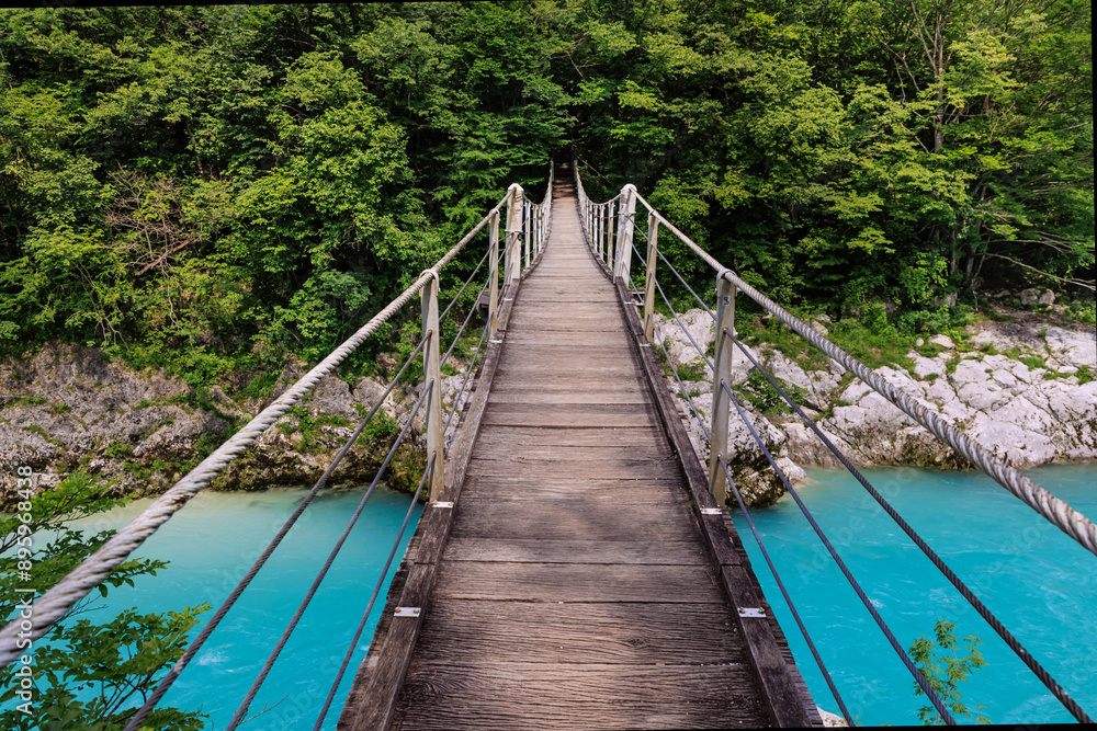 View of Tibetan bridge over Soca river in Slovenia, Europe View of Tibetan bridge over Soca river in Slovenia, Europe