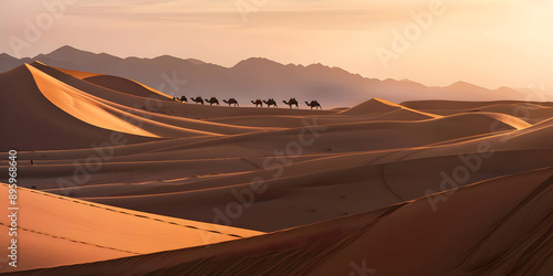 Fototapeta Naklejka Na Ścianę i Meble -  Camel Caravan Crossing Desert Dunes at Sunset - Illustration
