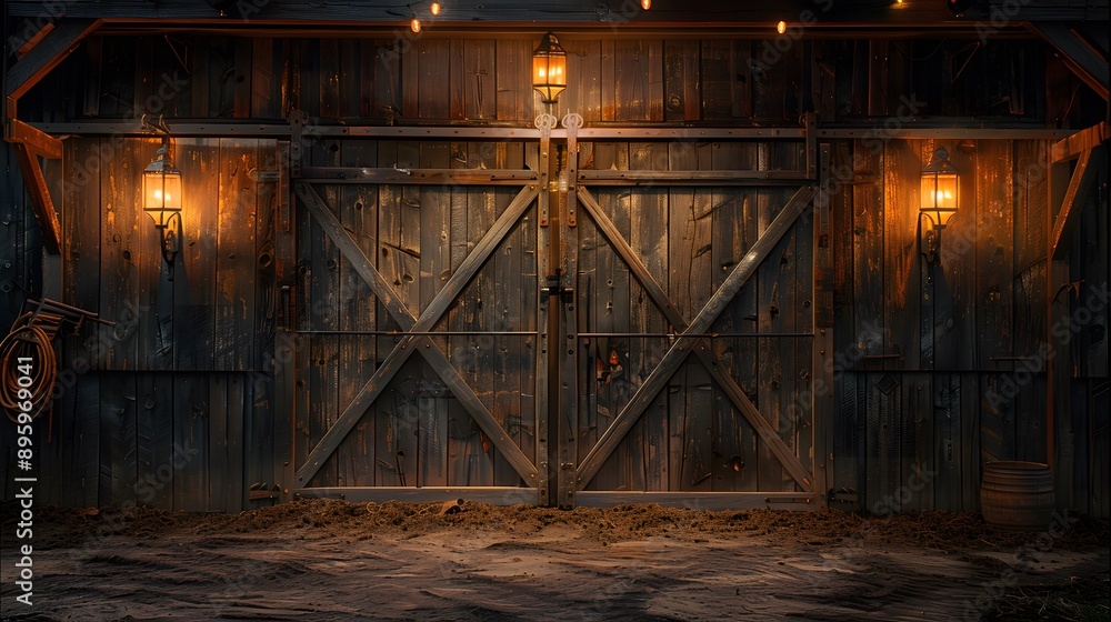 Obraz premium Rustic wooden barn doors, sliding mechanism, weathered wood texture, warm ambient lighting, hanging vintage lanterns, soft glow illumination, deep shadows.