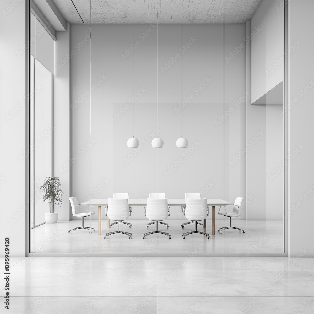 Fototapeta premium A large, empty conference room with a long table and white chairs