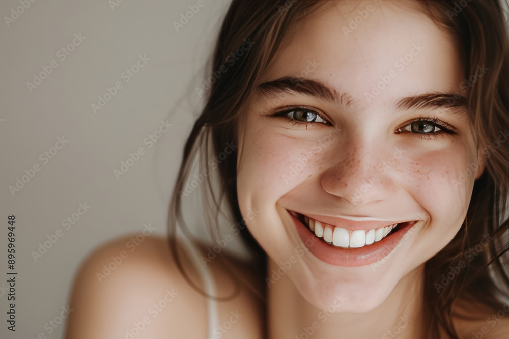 A portrait of a beautiful young woman with a happy smile, white teeth, and clean skin on a white background, suitable for a beauty clinic concept. A portrait of a beautiful young woman with a happy smile, white teeth, and clean skin on a white background, suitable for a beauty clinic concept.