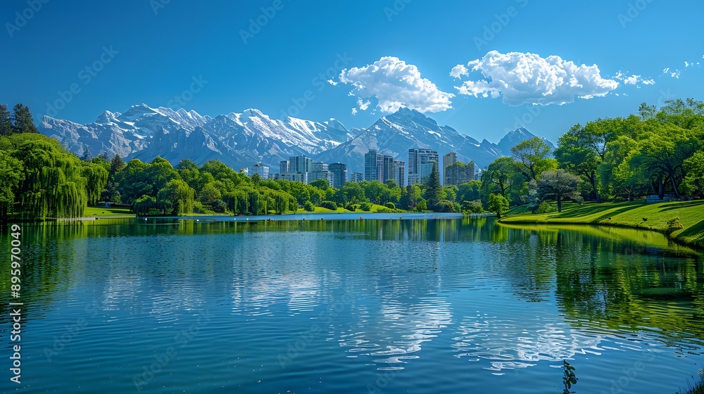 Fototapeta premium Urban oasis panorama, vibrant blue sky, fluffy white clouds, city skyline with skyscrapers, snow-capped mountains backdrop, lush green park, serene lake reflection, manicured grass.