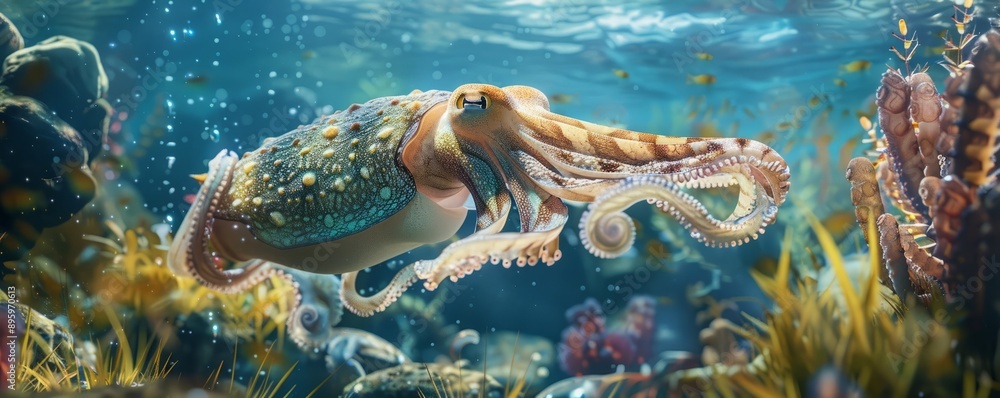 Naklejka premium Enchanting cuttlefish changing colors in the water, 4K hyperrealistic photo
