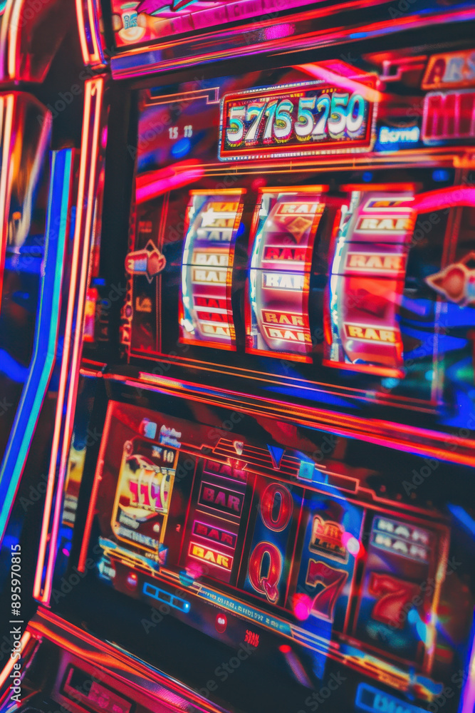 Vibrant slot machine displaying colorful lights and symbols, offering an exciting gaming experience in a casino. Vibrant slot machine displaying colorful lights and symbols, offering an exciting gaming experience in a casino.