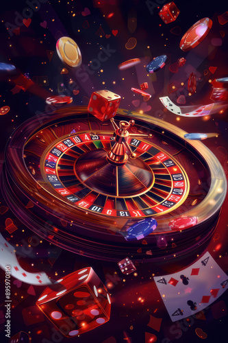 Wallpaper Mural Dynamic illustration of a spinning roulette wheel with floating casino elements like chips, dice, and cards in space. Torontodigital.ca